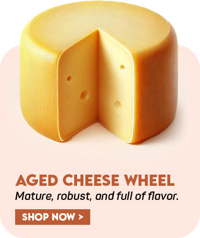 Whole aged cheese wheel with a smooth rind and rich, robust flavor, perfect for gourmet enthusiasts.